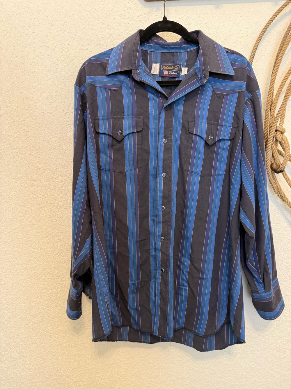 Vintage USA Made Panhandle Slim Western Pearl Snap Shirt Blue Striped XL (17x34)